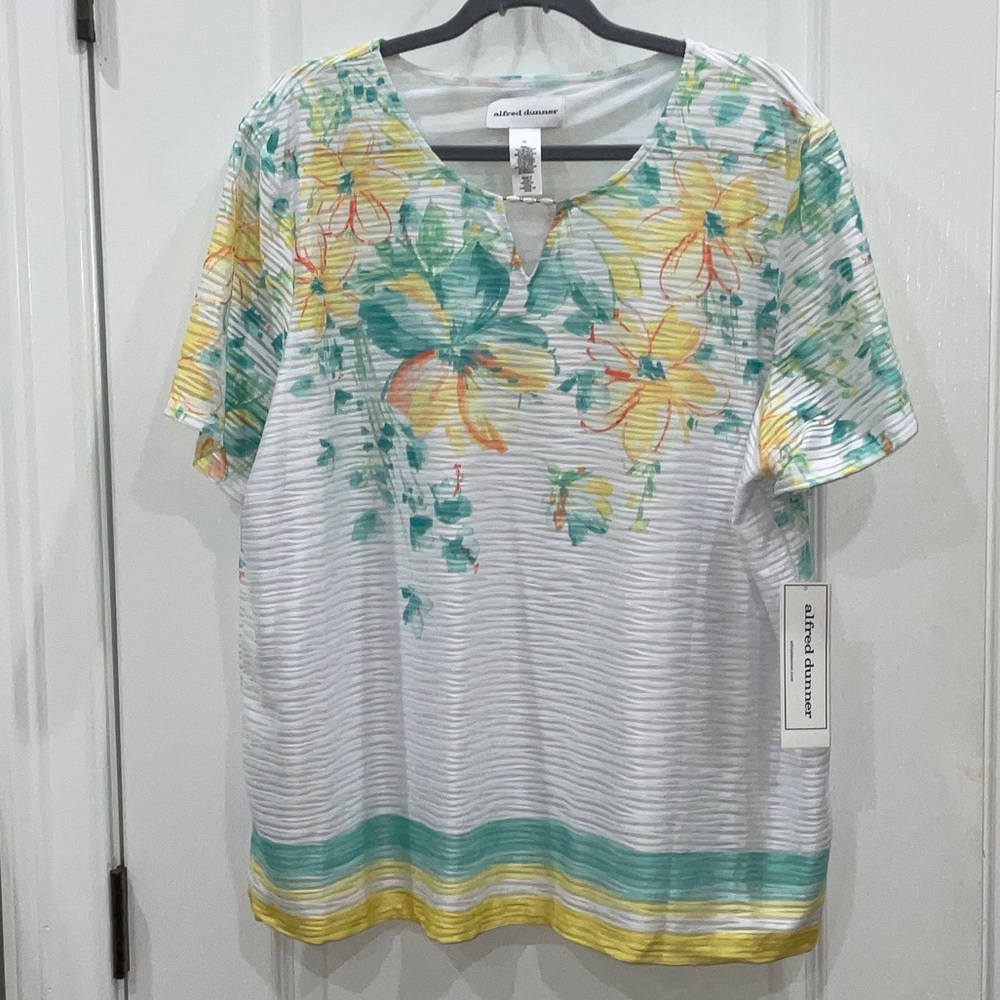 Alfred Dunner Women's Striped Floral Blouse - White, Yellow, Green